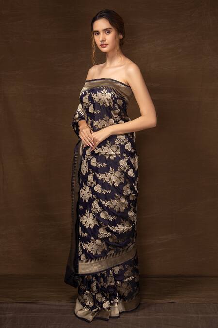 Vishwa By Pinki Sinha Blue Silk Zari Iris Bloom Woven Banarasi Saree With Running Blouse Online at Aza Fashions Vishwa By Pinki Sinha_Blue Silk Zari Iris Bloom Woven Banarasi Saree With Running Blouse_Online_at_Aza_Fashions