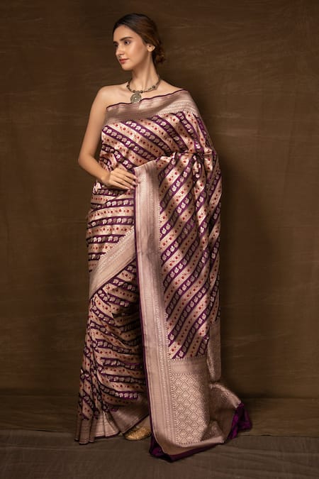 Pinki Sinha Purple Pure Silk Handwoven Striped Vine Banarasi Saree With Running Blouse