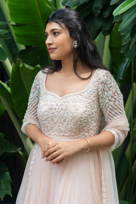 Aakansha Gupta Peach Organza, Net Embroidery Round Neck Akira Gardenia Bloom Layered Anarkali at Aza Fashions Aakansha Gupta_Peach Organza, Net Embroidery Round Neck Akira Gardenia Bloom Layered Anarkali _at_Aza_Fashions