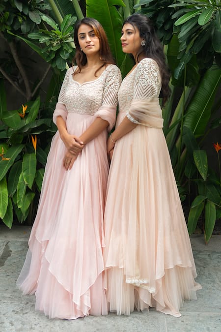 Shop Aakansha Gupta Pink Organza, Net Embroidery Round Neck Akira Lily Bloom Layered Anarkali at Aza Fashions Shop_Aakansha Gupta_Pink Organza, Net Embroidery Round Neck Akira Lily Bloom Layered Anarkali _at_Aza_Fashions