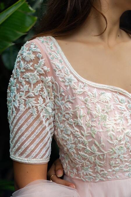 Aakansha Gupta Pink Organza, Net Embroidery Round Neck Akira Lily Bloom Layered Anarkali Online at Aza Fashions Aakansha Gupta_Pink Organza, Net Embroidery Round Neck Akira Lily Bloom Layered Anarkali _Online_at_Aza_Fashions