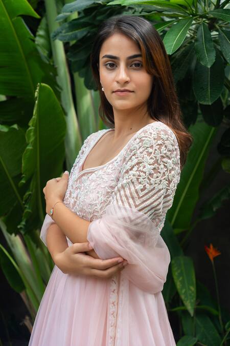 Buy Aakansha Gupta Pink Organza, Net Embroidery Round Neck Akira Lily Bloom Layered Anarkali Online at Aza Fashions Buy_Aakansha Gupta_Pink Organza, Net Embroidery Round Neck Akira Lily Bloom Layered Anarkali _Online_at_Aza_Fashions