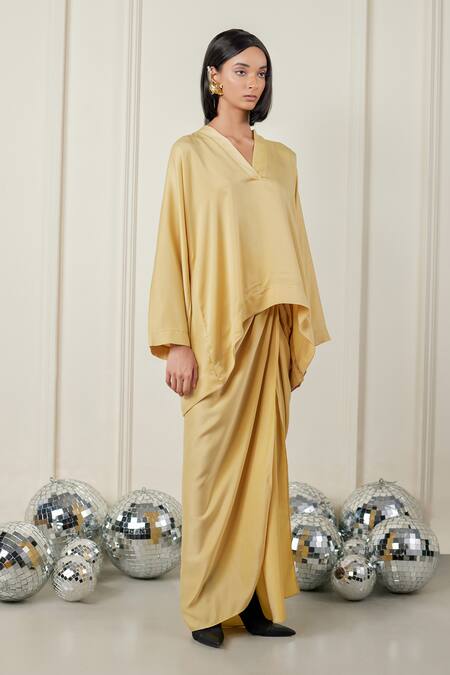 Therealb_Beige Satin V-neck Whimsical Whispers Top And Skirt Set _at_Aza_Fashions