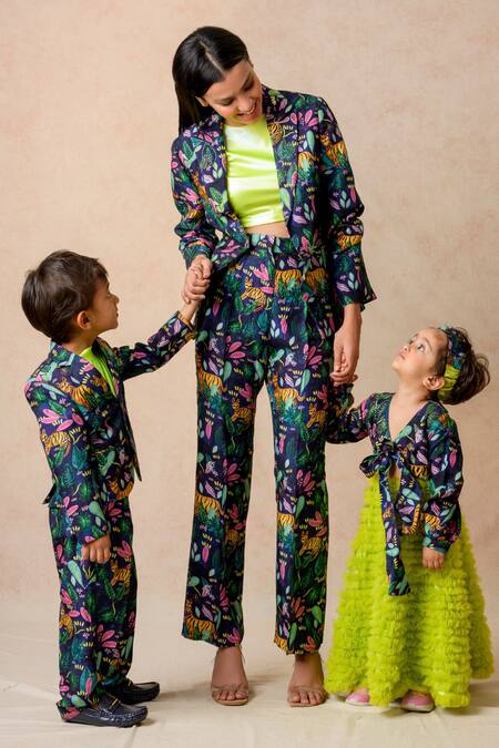 Thetaa_Multi Color Polyester, Lycra, Cotton, Silk Collared, Jungle Print Coat Pant Set_Online_at_Aza_Fashions
