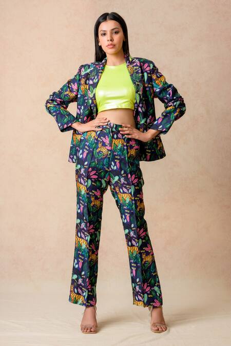 Buy_Thetaa_Multi Color Polyester, Lycra, Cotton, Silk Collared, Jungle Print Coat Pant Set_Online_at_Aza_Fashions