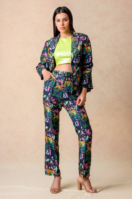Shop_Thetaa_Multi Color Polyester, Lycra, Cotton, Silk Collared, Jungle Print Coat Pant Set_Online_at_Aza_Fashions