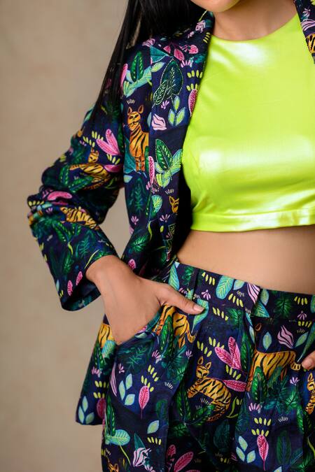 Thetaa_Multi Color Polyester, Lycra, Cotton, Silk Collared, Jungle Print Coat Pant Set_at_Aza_Fashions
