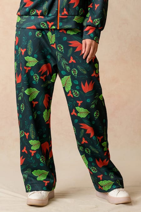 Thetaa_Multi Color Neoprene, Polyester Bandeau Neck Lily Print Jacket With Joggers _Online_at_Aza_Fashions