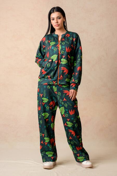 Buy_Thetaa_Multi Color Neoprene, Polyester Bandeau Neck Lily Print Jacket With Joggers _Online_at_Aza_Fashions