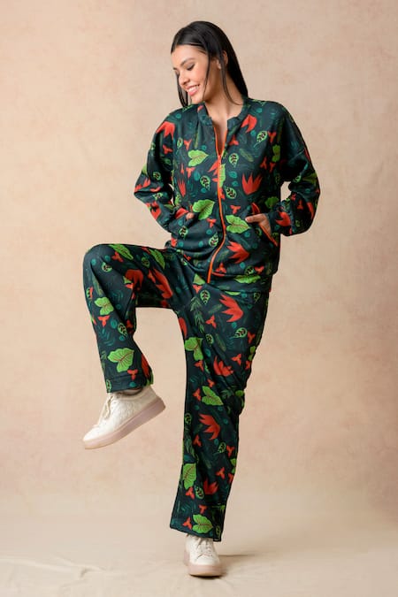 Thetaa_Multi Color Neoprene, Polyester Bandeau Neck Lily Print Jacket With Joggers _at_Aza_Fashions