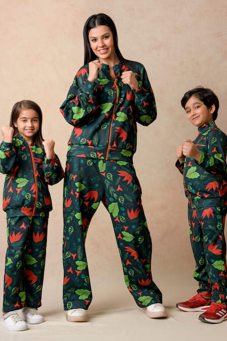 Buy_Thetaa_Multi Color Neoprene, Polyester Bandeau Neck Lily Print Jacket With Joggers 