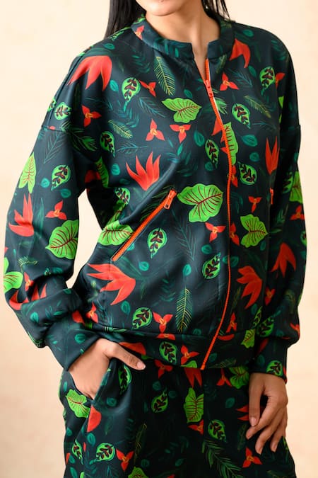 Shop_Thetaa_Multi Color Neoprene, Polyester Bandeau Neck Lily Print Jacket With Joggers 