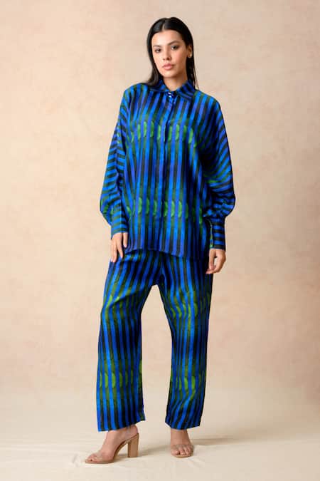 Thetaa_Blue Cotton, Silk Shawl Neck Stripe Print Shirt With Pant _Online_at_Aza_Fashions