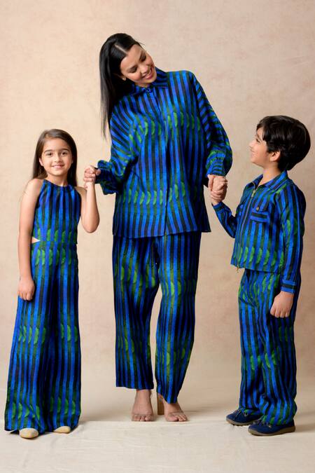 Buy_Thetaa_Blue Cotton, Silk Shawl Neck Stripe Print Shirt With Pant _Online_at_Aza_Fashions