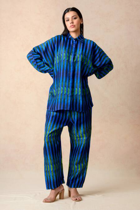 Shop_Thetaa_Blue Cotton, Silk Shawl Neck Stripe Print Shirt With Pant _Online_at_Aza_Fashions