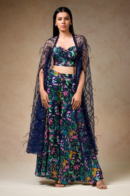 Buy Thetaa Multi Color Net, Silk Sequins, Jungle Print Pant Set With Embellished Cape Online at Aza Fashions Buy_Thetaa_Multi Color Net, Silk Sequins, Jungle Print Pant Set With Embellished Cape _Online_at_Aza_Fashions