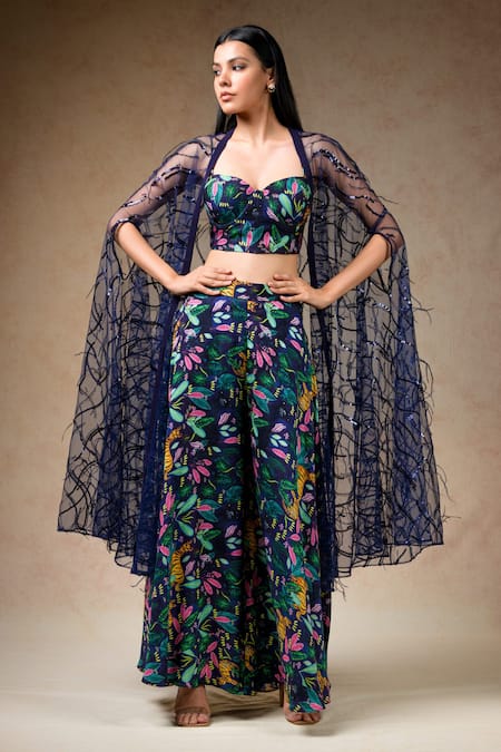 Shop Thetaa Multi Color Net, Silk Sequins, Jungle Print Pant Set With Embellished Cape Online at Aza Fashions Shop_Thetaa_Multi Color Net, Silk Sequins, Jungle Print Pant Set With Embellished Cape _Online_at_Aza_Fashions