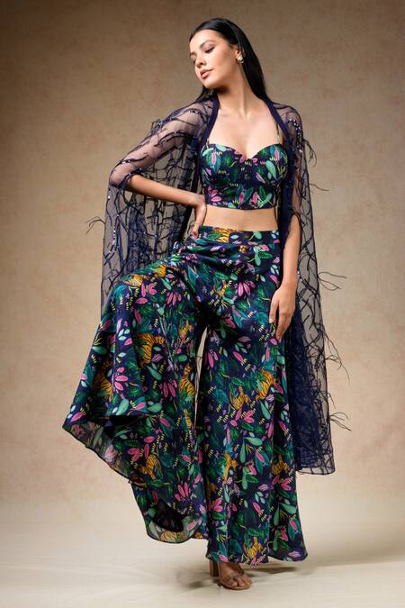 Thetaa Multi Color Net, Silk Sequins, Jungle Print Pant Set With Embellished Cape at Aza Fashions Thetaa_Multi Color Net, Silk Sequins, Jungle Print Pant Set With Embellished Cape _at_Aza_Fashions