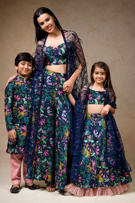 Buy Thetaa Multi Color Net, Silk Sequins, Jungle Print Pant Set With Embellished Cape Buy_Thetaa_Multi Color Net, Silk Sequins, Jungle Print Pant Set With Embellished Cape