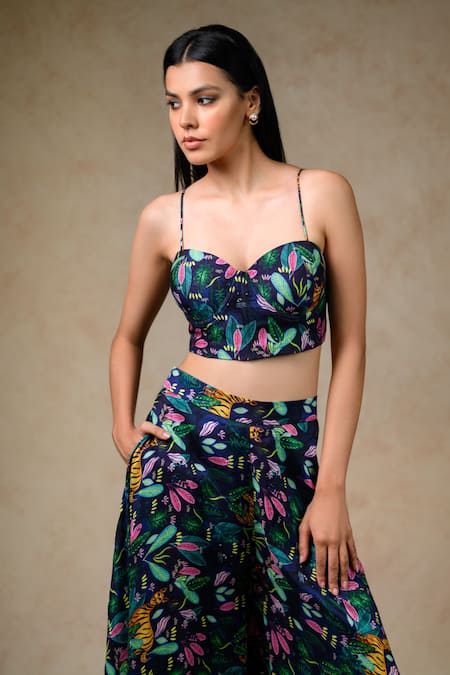 Shop Thetaa Multi Color Net, Silk Sequins, Jungle Print Pant Set With Embellished Cape Shop_Thetaa_Multi Color Net, Silk Sequins, Jungle Print Pant Set With Embellished Cape
