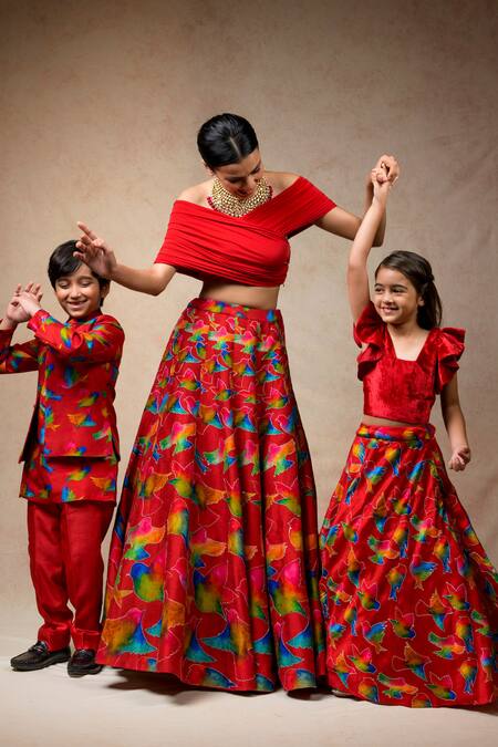 Buy_Thetaa_Multi Color Lycra, Silk, Chiffon Tassels Abstract Bird Print Lehenga Set _Online_at_Aza_Fashions