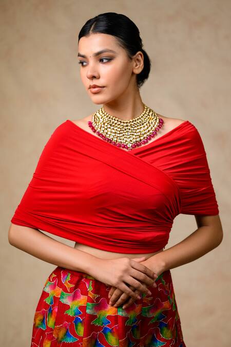 Shop_Thetaa_Multi Color Lycra, Silk, Chiffon Tassels Abstract Bird Print Lehenga Set _Online_at_Aza_Fashions