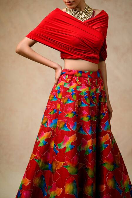 Thetaa_Multi Color Lycra, Silk, Chiffon Tassels Abstract Bird Print Lehenga Set _at_Aza_Fashions