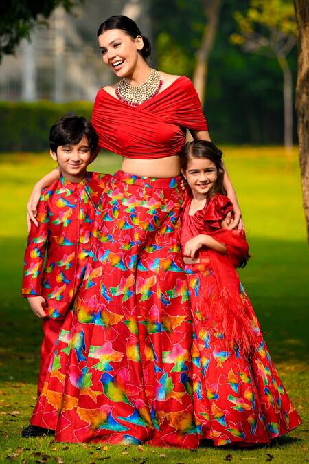 Buy_Thetaa_Multi Color Lycra, Silk, Chiffon Tassels Abstract Bird Print Lehenga Set 