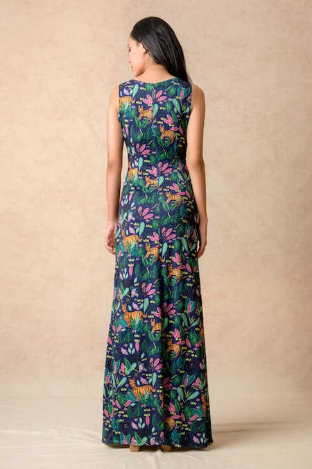 Shop_Thetaa_Multi Color Polyester, Lycra Brooches Round Neck Floral Print Gown _at_Aza_Fashions