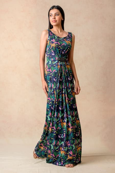 Shop_Thetaa_Multi Color Polyester, Lycra Brooches Round Neck Floral Print Gown _Online_at_Aza_Fashions