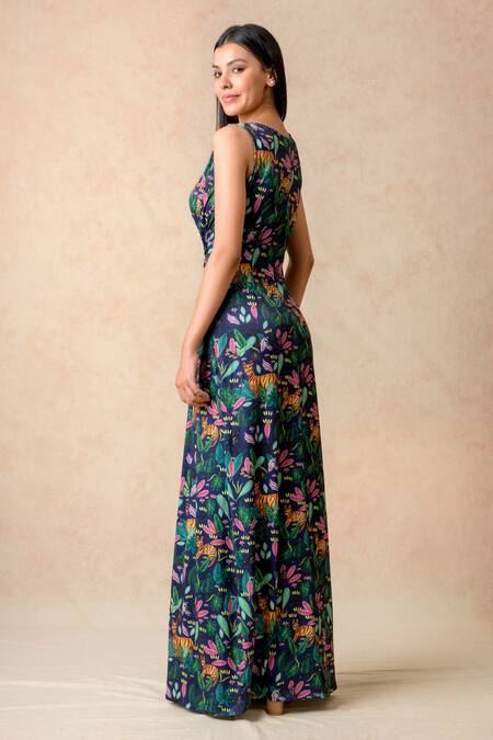 Thetaa_Multi Color Polyester, Lycra Brooches Round Neck Floral Print Gown _at_Aza_Fashions