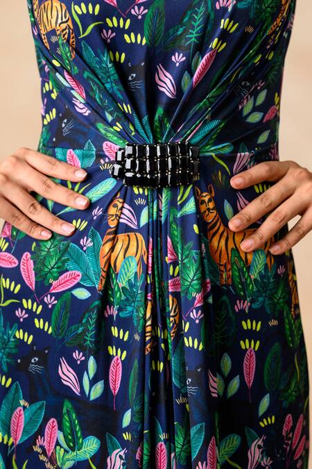 Buy_Thetaa_Multi Color Polyester, Lycra Brooches Round Neck Floral Print Gown 