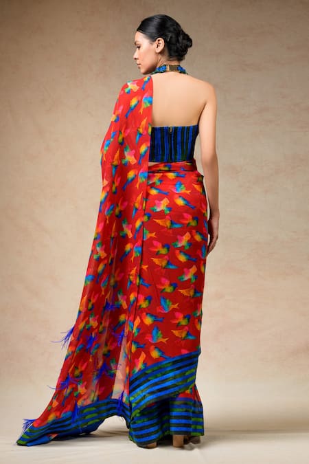 Thetaa Abstract Bird Print Saree With Blouse 