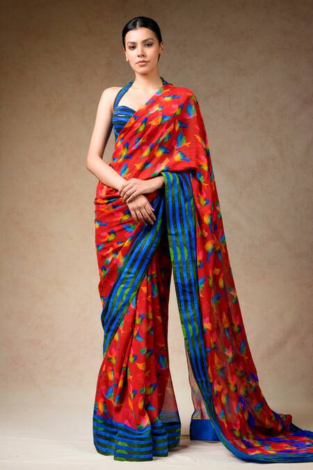 Thetaa Multi Color Polyester, Cotton, Silk Abstract Bird Print Saree With Blouse Online at Aza Fashions Thetaa_Multi Color Polyester, Cotton, Silk Abstract Bird Print Saree With Blouse _Online_at_Aza_Fashions