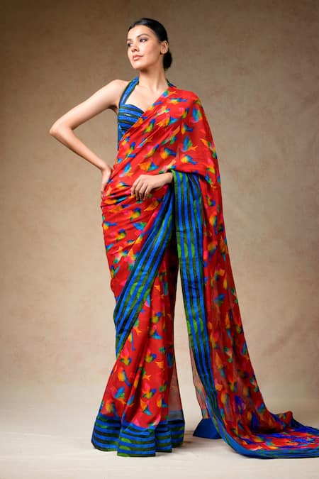 Buy Thetaa Multi Color Polyester, Cotton, Silk Abstract Bird Print Saree With Blouse Online at Aza Fashions Buy_Thetaa_Multi Color Polyester, Cotton, Silk Abstract Bird Print Saree With Blouse _Online_at_Aza_Fashions