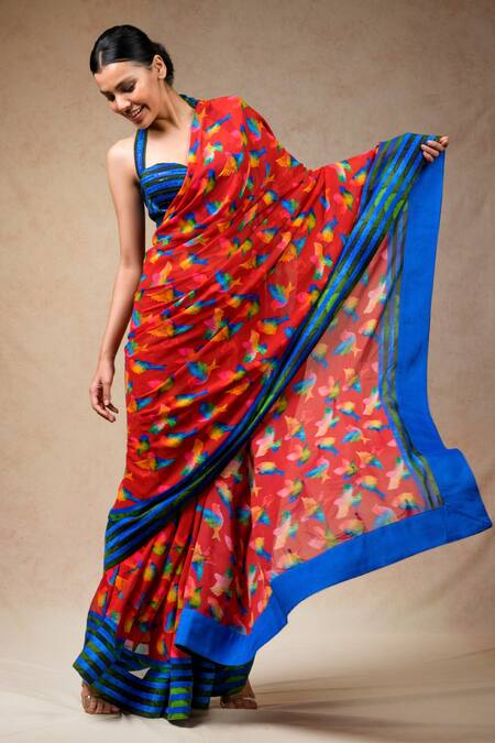 Shop Thetaa Multi Color Polyester, Cotton, Silk Abstract Bird Print Saree With Blouse Online at Aza Fashions Shop_Thetaa_Multi Color Polyester, Cotton, Silk Abstract Bird Print Saree With Blouse _Online_at_Aza_Fashions
