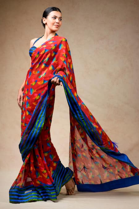 Thetaa Multi Color Polyester, Cotton, Silk Abstract Bird Print Saree With Blouse at Aza Fashions Thetaa_Multi Color Polyester, Cotton, Silk Abstract Bird Print Saree With Blouse _at_Aza_Fashions