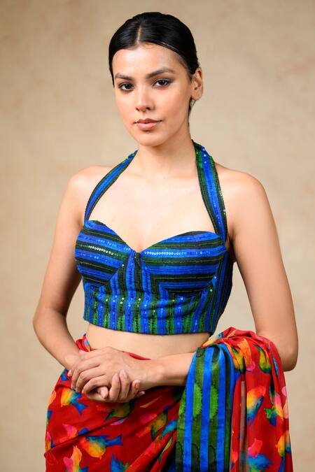 Buy Thetaa Multi Color Polyester, Cotton, Silk Abstract Bird Print Saree With Blouse Buy_Thetaa_Multi Color Polyester, Cotton, Silk Abstract Bird Print Saree With Blouse