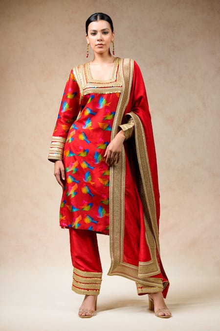 Thetaa Multi Color Cupro Silk Printed Bird Square Abstract Kurta Pant Set 