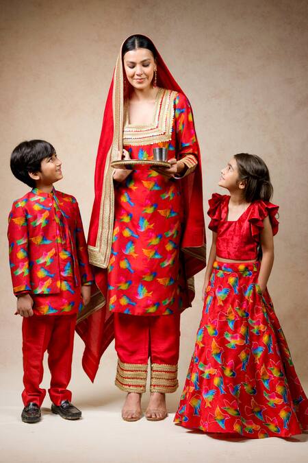 Thetaa_Multi Color Cotton, Silk, Satin Sequins, Zari Abstract Bird Print Kurta Pant Set_Online_at_Aza_Fashions