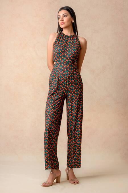 Thetaa_Multi Color Polyester Round Neck Lily Floral Print Jumpsuit _Online_at_Aza_Fashions