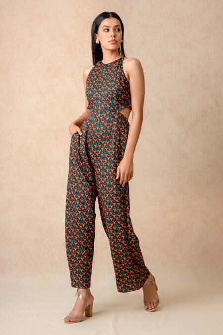 Shop_Thetaa_Multi Color Polyester Round Neck Lily Floral Print Jumpsuit _Online_at_Aza_Fashions