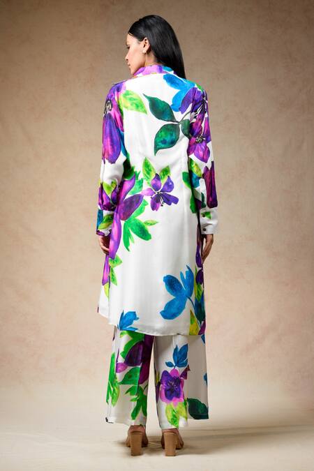 Shop Thetaa Multi Color Cupro Silk Printed Floral Tunic Shirt Collar Pant Set at Aza Fashions Shop_Thetaa_Multi Color Cupro Silk Printed Floral Tunic Shirt Collar Pant Set _at_Aza_Fashions