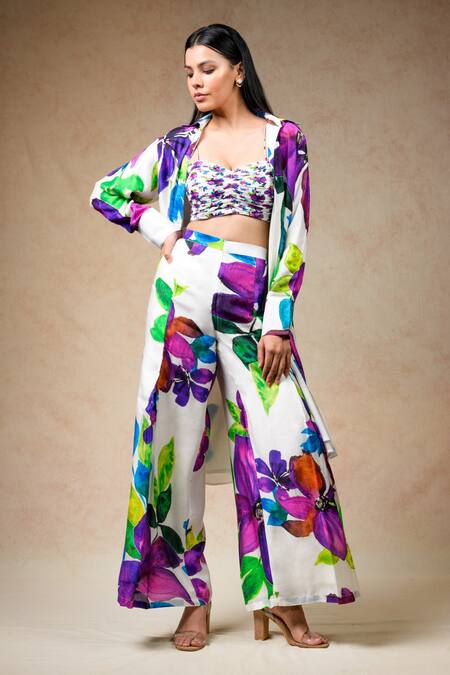 Thetaa Multi Color Cupro Silk Printed Floral Tunic Shirt Collar Pant Set Online at Aza Fashions Thetaa_Multi Color Cupro Silk Printed Floral Tunic Shirt Collar Pant Set _Online_at_Aza_Fashions