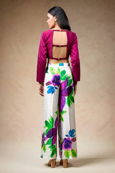 Shop Thetaa Multi Color Silk Round Neck Floral Print Pant With Crop Top at Aza Fashions Shop_Thetaa_Multi Color Silk Round Neck Floral Print Pant With Crop Top _at_Aza_Fashions