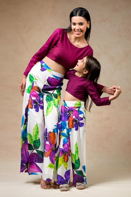 Thetaa Multi Color Silk Round Neck Floral Print Pant With Crop Top Online at Aza Fashions Thetaa_Multi Color Silk Round Neck Floral Print Pant With Crop Top _Online_at_Aza_Fashions