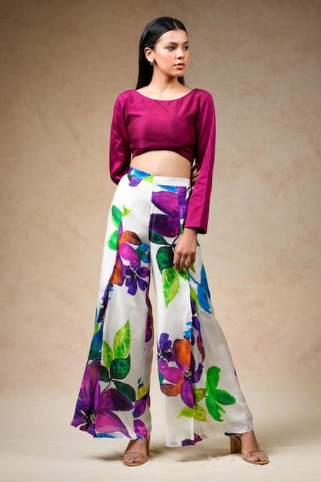 Buy Thetaa Multi Color Silk Round Neck Floral Print Pant With Crop Top Online at Aza Fashions Buy_Thetaa_Multi Color Silk Round Neck Floral Print Pant With Crop Top _Online_at_Aza_Fashions