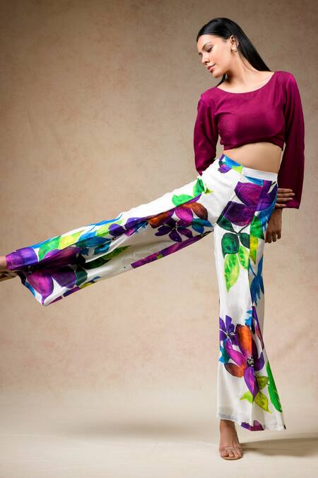 Shop Thetaa Multi Color Silk Round Neck Floral Print Pant With Crop Top Online at Aza Fashions Shop_Thetaa_Multi Color Silk Round Neck Floral Print Pant With Crop Top _Online_at_Aza_Fashions