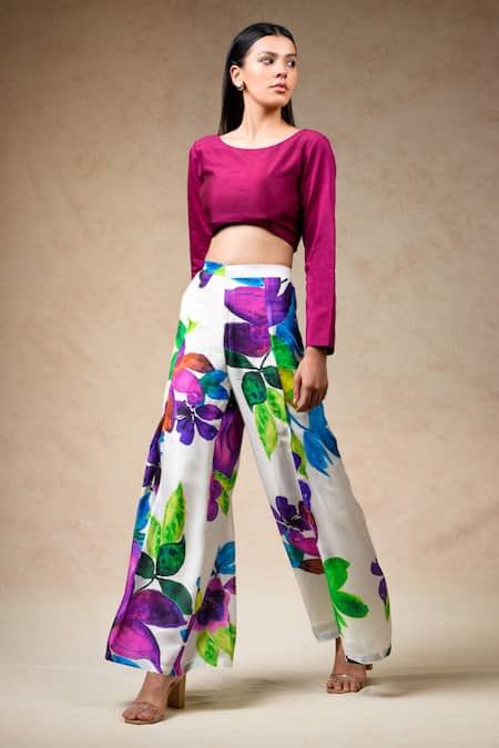 Thetaa Multi Color Silk Round Neck Floral Print Pant With Crop Top at Aza Fashions Thetaa_Multi Color Silk Round Neck Floral Print Pant With Crop Top _at_Aza_Fashions