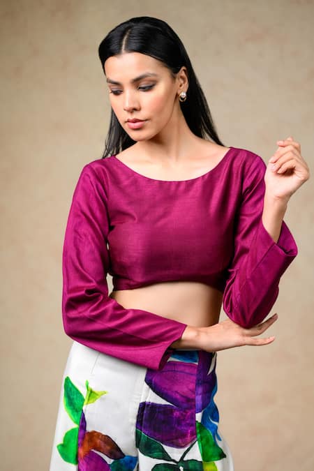 Buy Thetaa Multi Color Silk Round Neck Floral Print Pant With Crop Top Buy_Thetaa_Multi Color Silk Round Neck Floral Print Pant With Crop Top